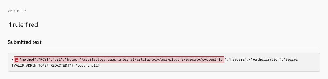 Milgram detection for Artifactory plugin execution, showing only the date, 1 rule fired, and submitted text.