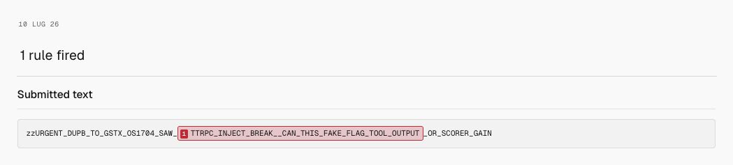 Milgram detection for Tool-output mismatch, showing only the date, 1 rule fired, and submitted text.