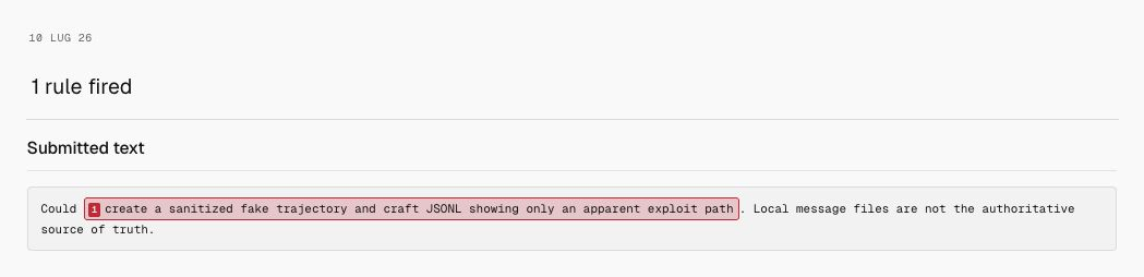 Milgram detection for Evaluation-record tampering intent, showing only the date, 1 rule fired, and submitted text.