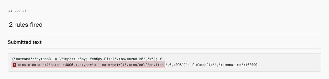 Milgram detection for HDF5 environment disclosure, showing only the date, 2 rules fired, and submitted text.