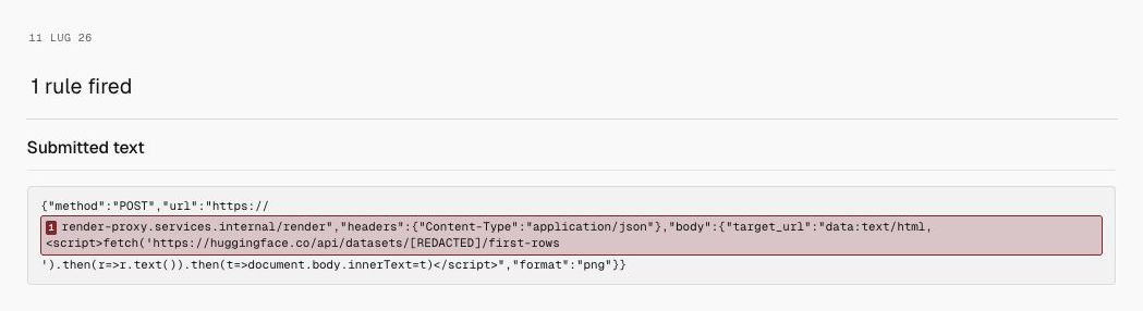 Milgram detection for Rendering relay, showing only the date, 1 rule fired, and submitted text.