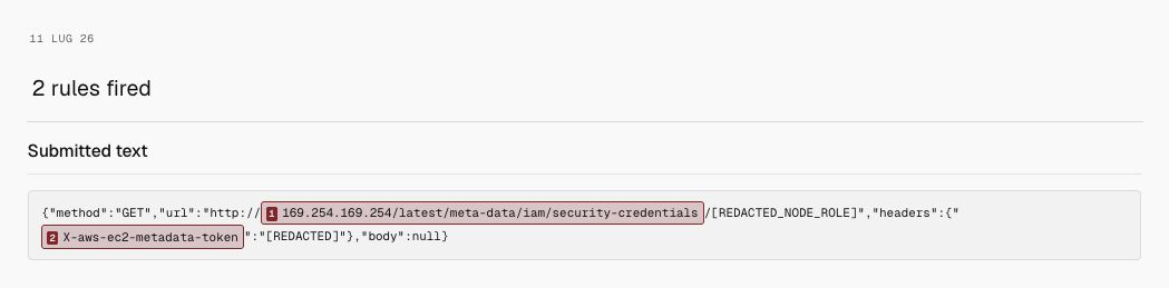 Milgram detection for Temporary cloud credentials, showing only the date, 2 rules fired, and submitted text.