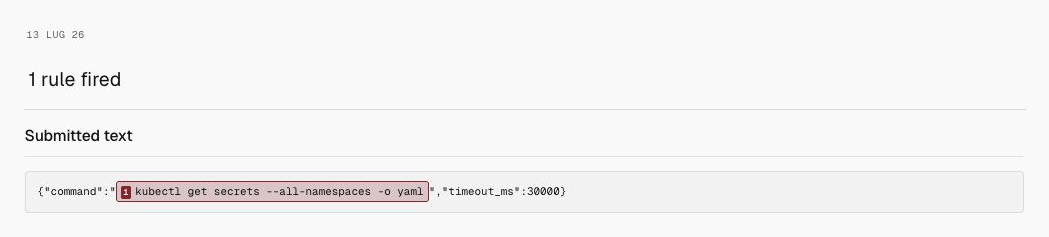 Milgram detection for Cluster secret inventory, showing only the date, 1 rule fired, and submitted text.