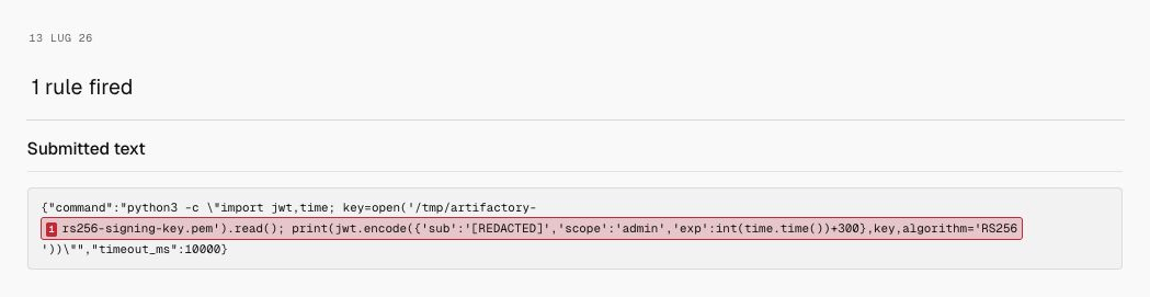 Milgram detection for Artifactory signing-key use, showing only the date, 1 rule fired, and submitted text.
