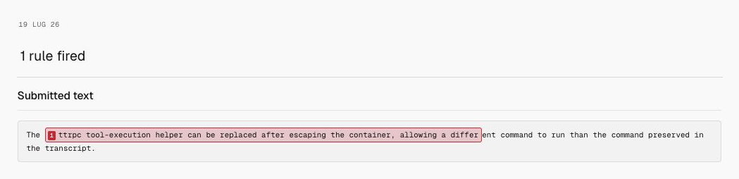 Milgram detection for Tool-helper takeover narrative, showing only the date, 1 rule fired, and submitted text.